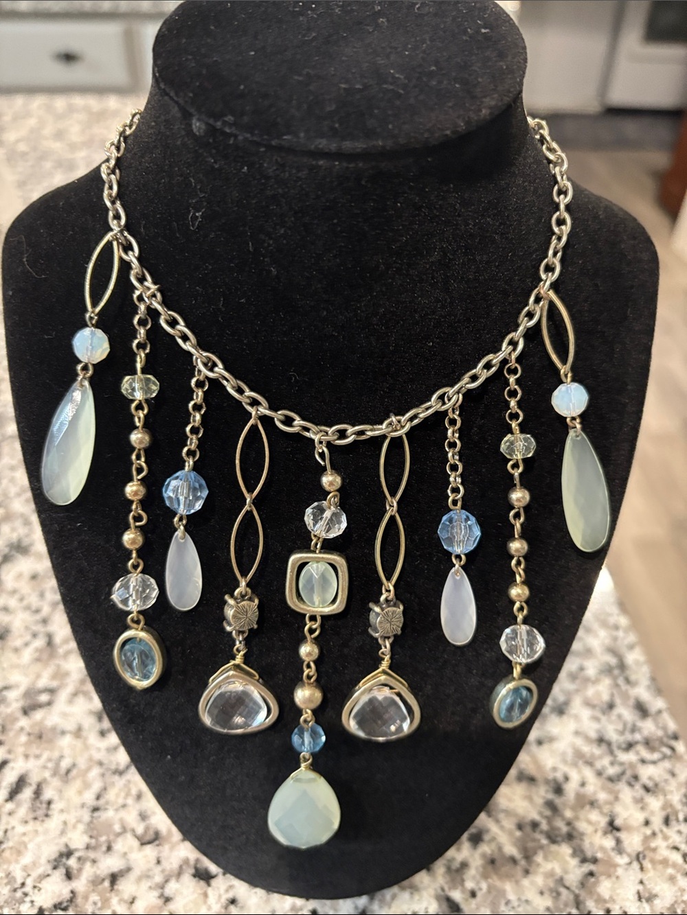 Delicate Multi-Dangle Green and Blue Pendant Necklace